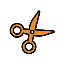 En enkel illustration av orange sax med svarta konturer, avbildad öppen mot en vit bakgrund.
