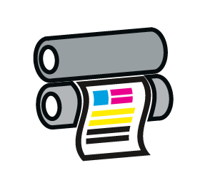 Illustration av en tryckpressvals med ett pappersark som kommer ut, som visar cyan, magenta, gula och svarta färgblock och linjer, som representerar CMYK-utskriftsprocessen.