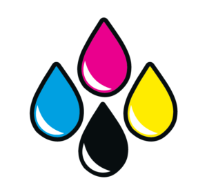 Fyra vattendroppar i cyan, magenta, gult och svart arrangerade i en diamantform på en vit bakgrund, som representerar CMYK-färgmodell som används vid tryckning.