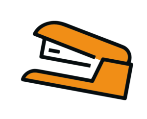 En enkel, stiliserad illustration av en orange häftapparat med en djärv svart kontur, visad i en sidovy på en vit bakgrund.