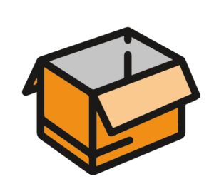 En enkel illustration av en öppen orange kartong med en flik delvis öppen och insidan synlig.
