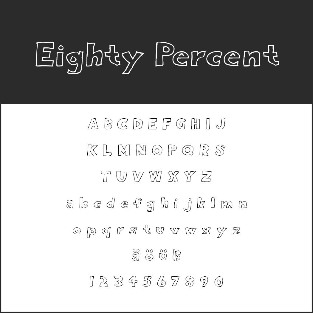 Ett lekfullt teckensnittsexempel med titeln Eighty Percent innehåller versaler och gemener, specialtecken (ä, ö, ü, ß) och siffrorna 0–9 i en handritad stil på en svartvit bakgrund.