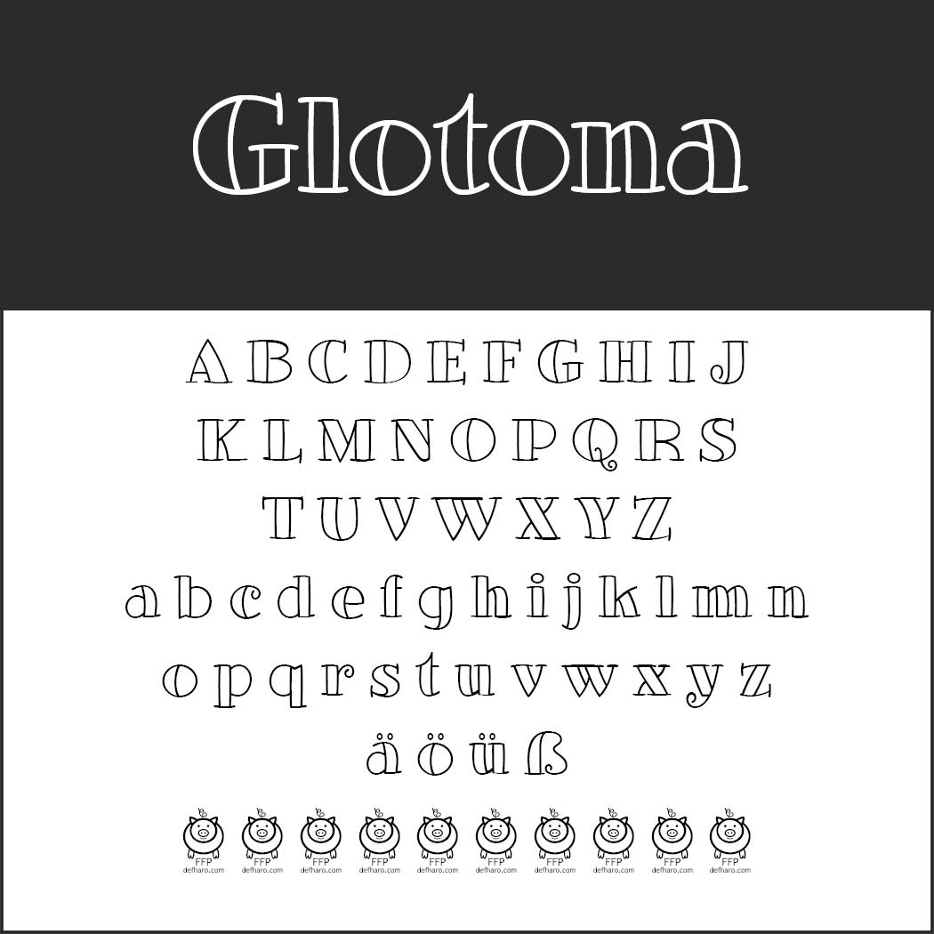 Ett teckensnittsexempelblad med titeln Glotona visar versaler och gemener, tyska specialtecken och tio illustrerade jordglober med ansikten längst ner. Typsnittsstilen är kontur och dekorativ.
