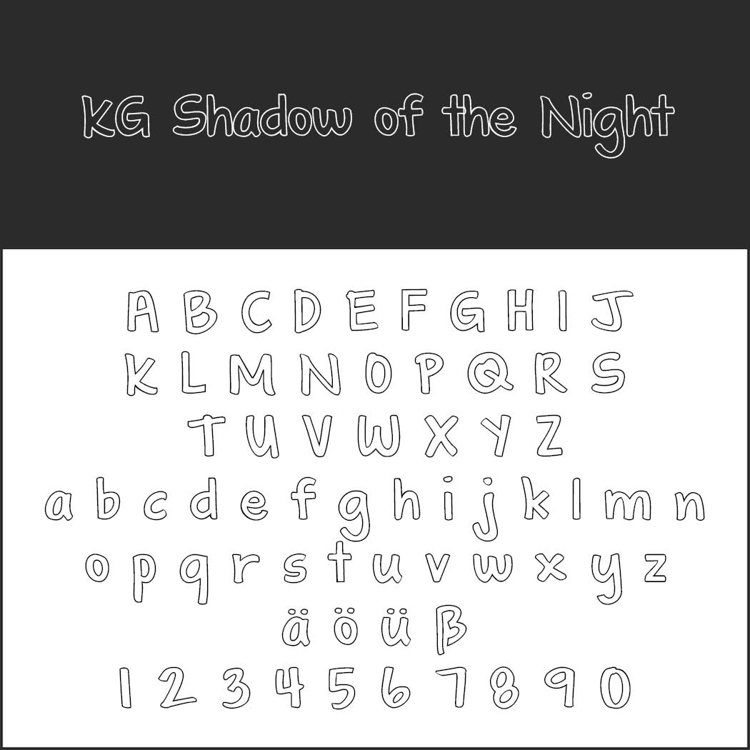 Ett handritat teckensnitt med konturer med titeln KG Shadow of the Night som visar versaler, gemener, tyska omljud, skarpt S och siffrorna 0–9 på en vit bakgrund.
