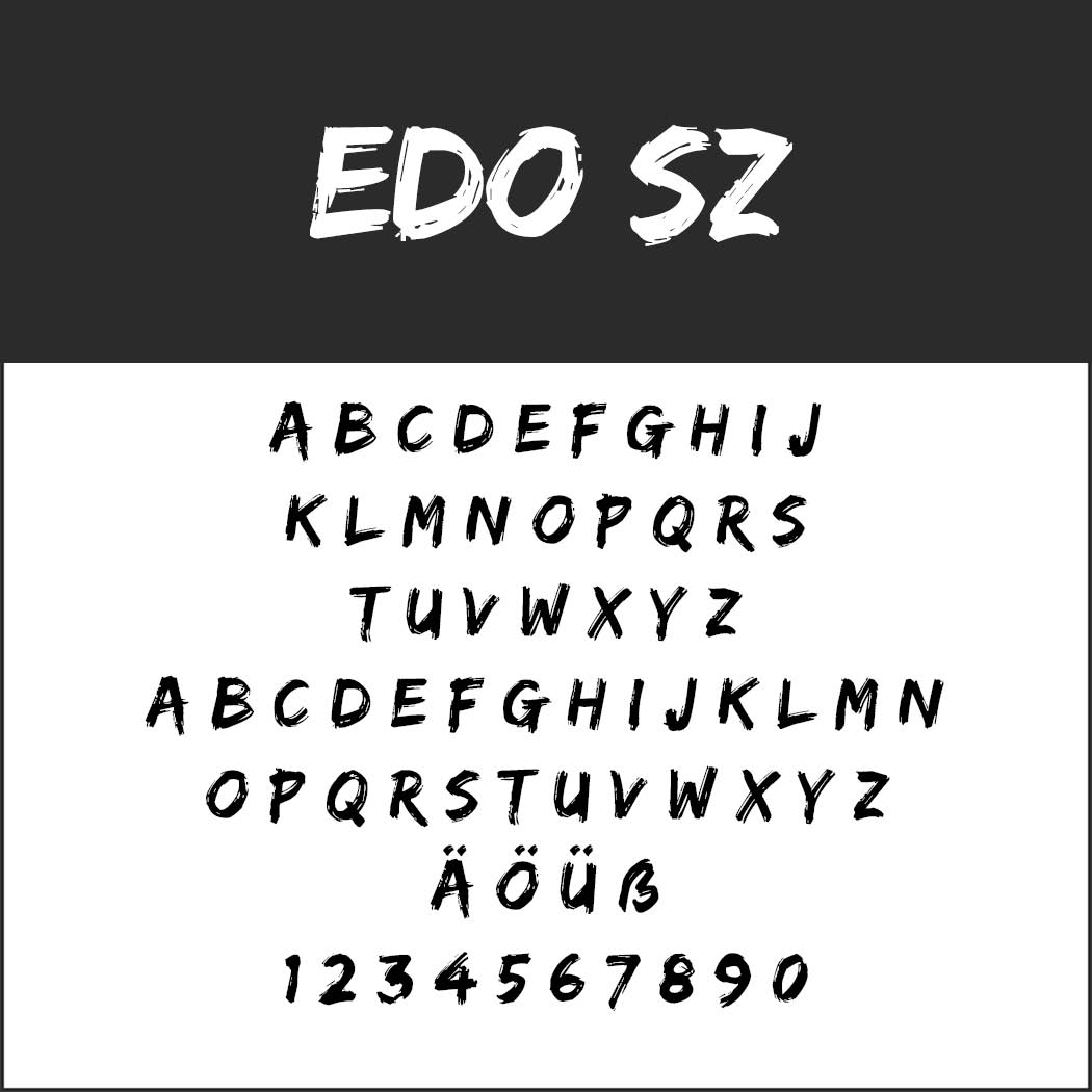 Exempel på teckensnittet Edo SZ, en fet, grov handskriven stil som är idealisk för affischteckensnitt, som visar versaler A-Z, Umlauted A och O, Eszett och siffrorna 0-9 på en svartvit bakgrund.
