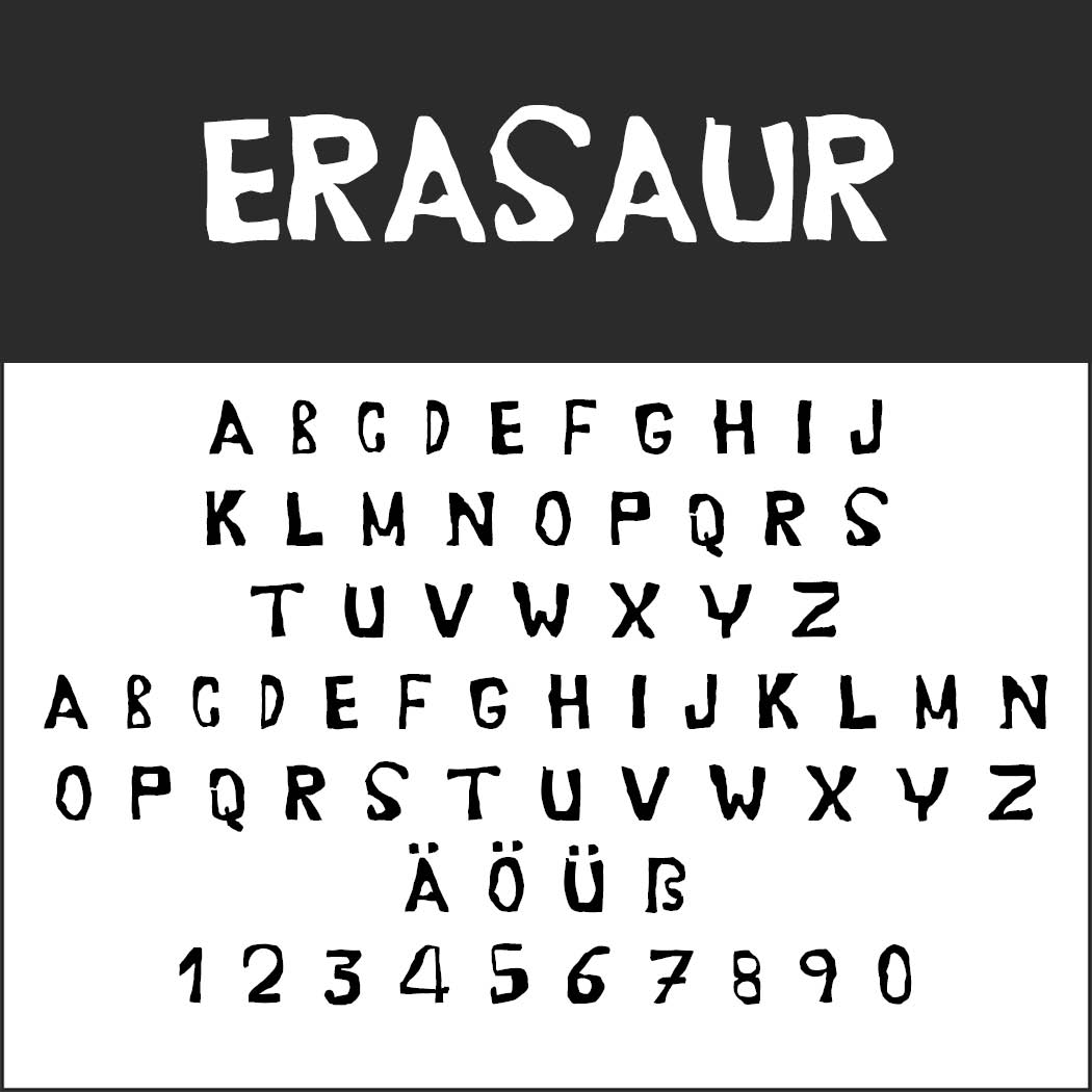 Bild som visar ett stiliserat typsnitt som heter ERASAUR, perfekt för affischtypsnitt. Under rubriken finns stora bokstäver A-Z, specialtecken Ä, Ö, Ü och siffrorna 0-9, alla visas i en grov, handritad stil.