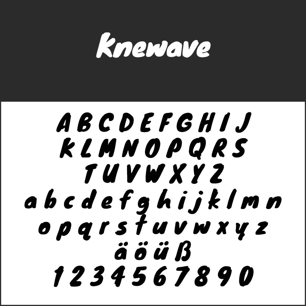 Ett exempel på Knewave-teckensnittet, en fet, rundad handskriven stil som är idealisk för affischteckensnitt som visar versaler och gemener, siffrorna 0–9 och specialtecken ä, ö, ü, ß.