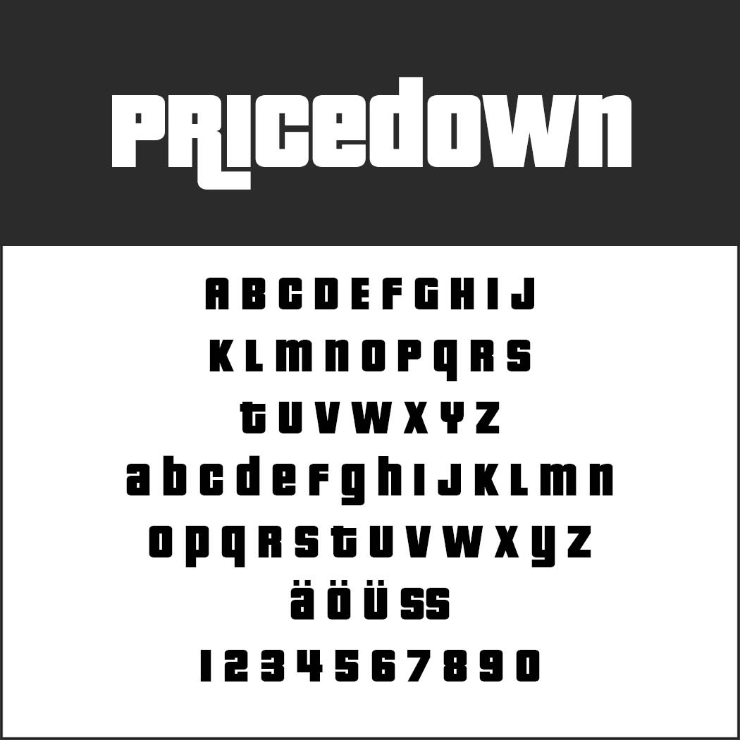 Ett teckensnittsblad för Pricedown-typsnittet som visar versaler och gemener, specialtecken (ä, ö, ü, ß) och siffrorna 0–9 i en fet, blockig stil, idealisk för affischteckensnitt.