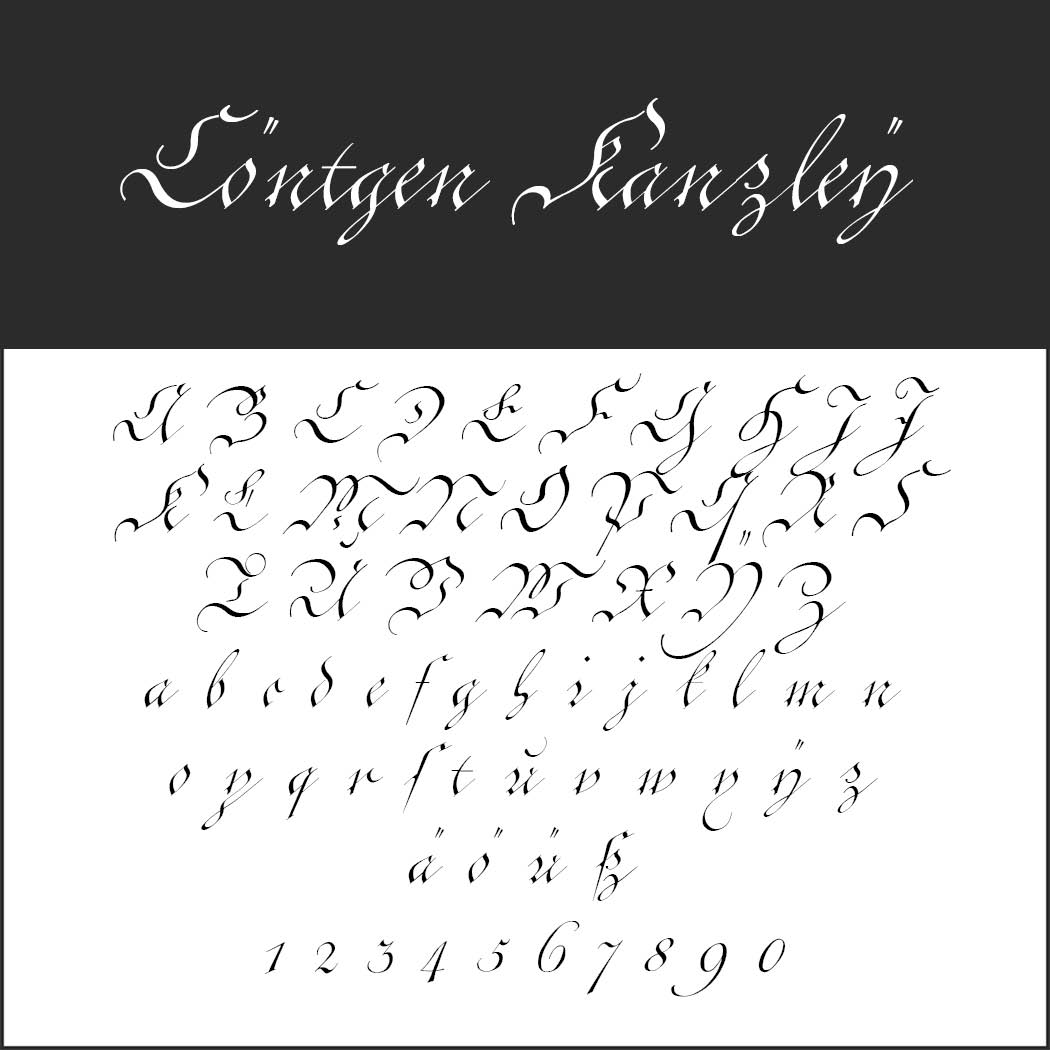 Ett kalligrafitypsnitt vid namn Jöntgen Kanzley, som visar hela versaler och gemener, tecken med accent och siffror 0-9 i elegant, utsmyckad skrift på en vit bakgrund.
