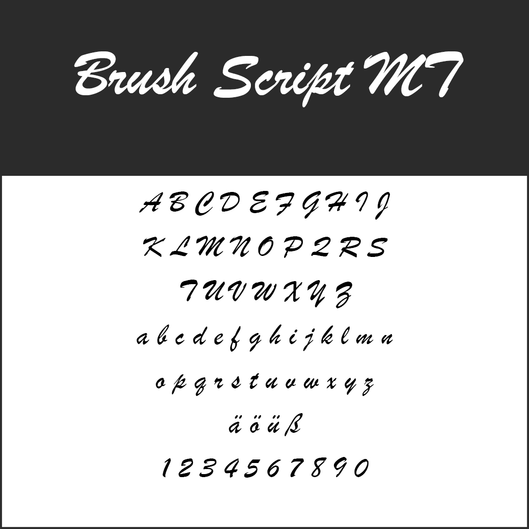 Exempel på text och alfabet i Brush Script MT, ett populärt val för menyteckensnitt, som visar versaler och gemener, specialtecken (ä, ö, ü, ß) och siffrorna 0–9 på en vit bakgrund med en svart rubrik.
