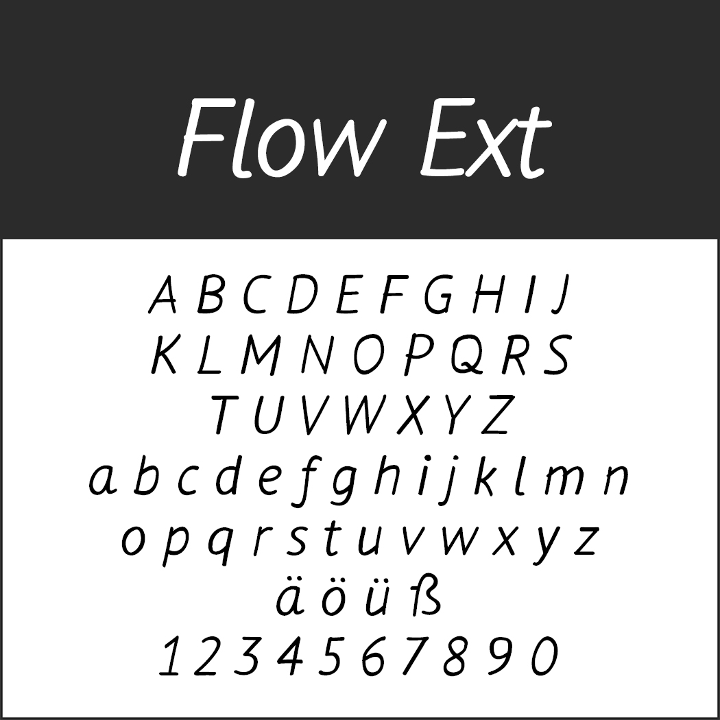 Exempel på menyteckensnittet "Flow Ext" i svart text på vit bakgrund, som visar alfabetet med versaler och gemener, specialtecken (ä, ö, ü, ß) och siffrorna 0-9.
