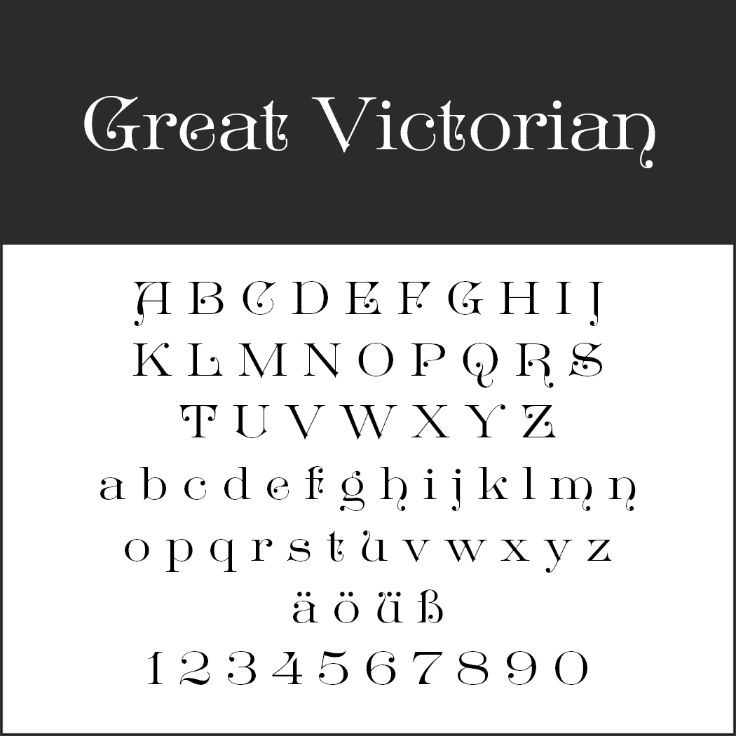 Bilden visar det stora viktorianska teckensnittet, ett perfekt val för menyteckensnitt, med utsmyckade versaler och gemener, omljud (ä, ö, ü) och siffrorna 0-9 i vintagestil på en svartvit bakgrund.