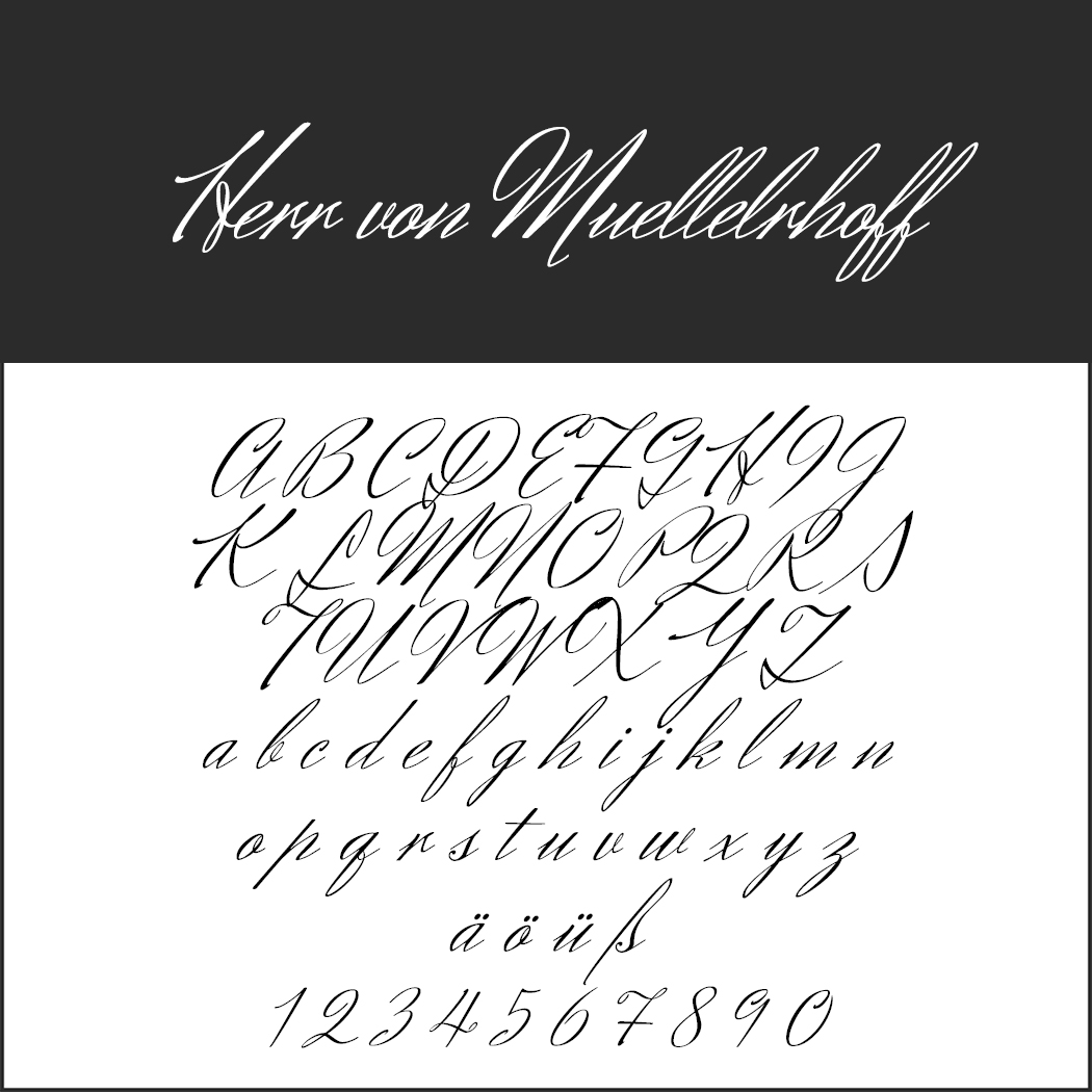 Ett exempel på typsnittet Herr von Muellerhoff som visar versaler och gemener, tyska specialtecken (ä, ö, ü, ß) och siffrorna 0–9 i elegant, kursiv handstil – perfekt för stilfulla menyteckensnitt.