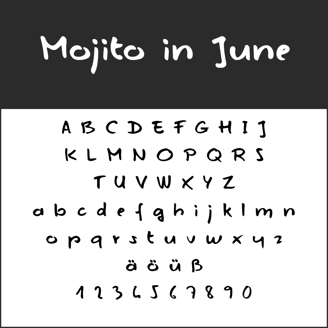 Handritat teckensnittsprov med titeln Mojito i juni. Perfekt för menyteckensnitt, den visar stora och små bokstäver, tyska omljud (ä, ö, ü), ß och siffrorna 1–9, 0 på en vit bakgrund med en svart rubrik.