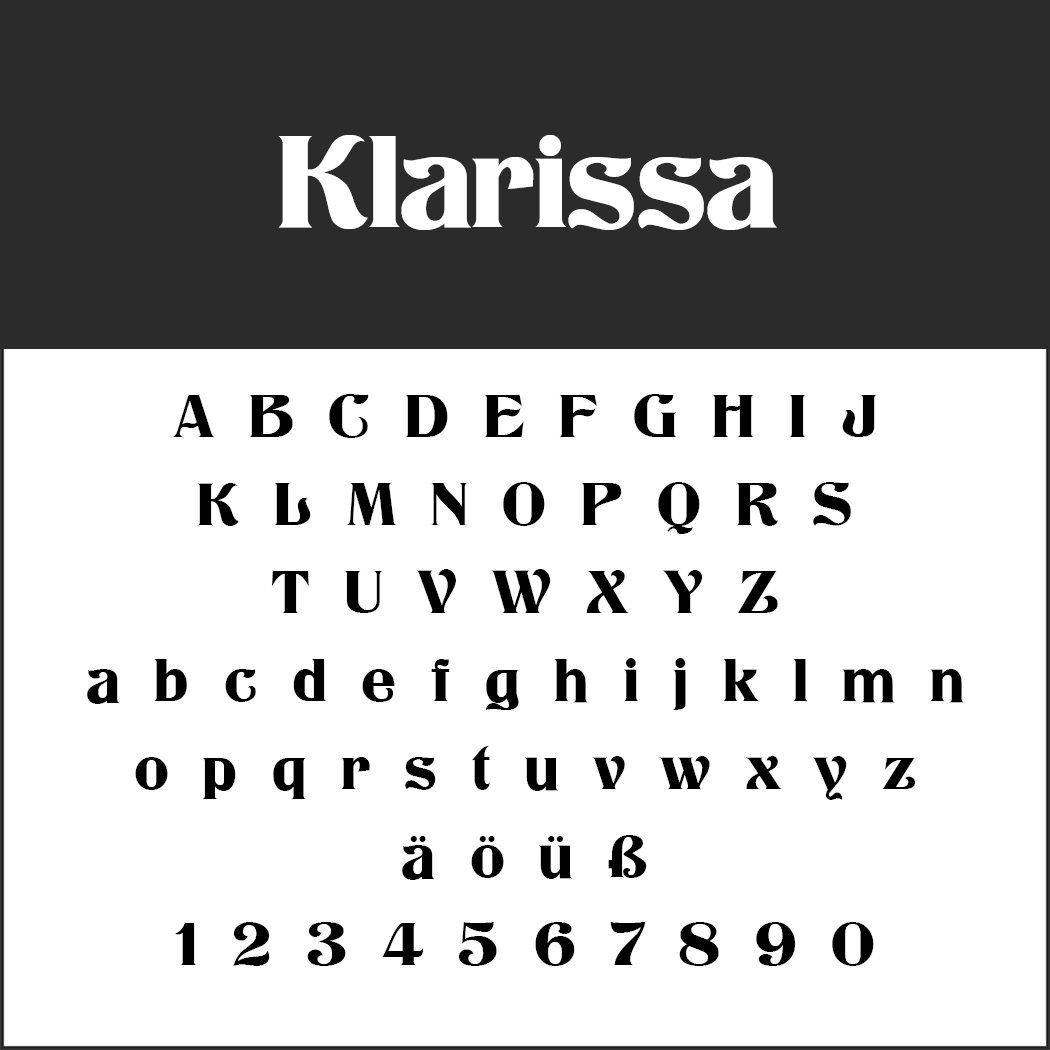 En visning av typsnittet Klarissa visar versaler, gemener, specialtecken (ä, ö, ü, ß) och siffrorna 0–9 i fet stil med serif-stil på en svart och vit bakgrund – perfekt för menyteckensnitt som sticker ut.