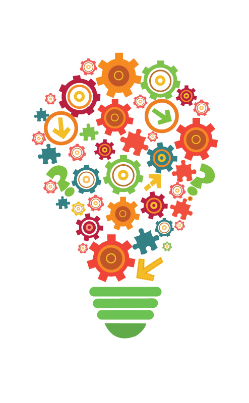 En glödlampa form bildad av färgglada kugghjul, pilar och pusselbitar, som symboliserar kreativitet, innovation och problemlösning på en vit bakgrund.