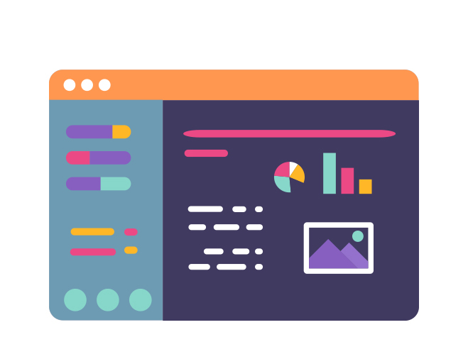 Illustration av en färgglad datorinstrumentpanel som visar diagram, grafer, reglage, knappar och en liten bild på en mörk bakgrund, som representerar datavisualisering eller ett analysgränssnitt.