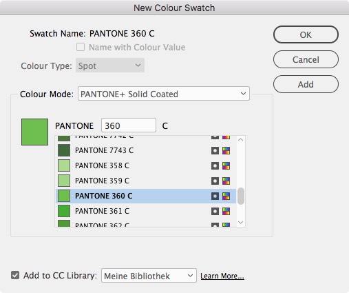Skärmdump av dialogrutan "New Color Swatch" i ett designprogram, med "PANTONE 360 C" bland specialfärger. Alternativ för OK, Avbryt eller Lägg till visas till höger.