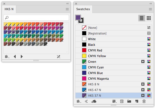 Skärmdump av designprogramvara som visar två paneler: den vänstra visar ett rutnät med flerfärgade färgrutor märkta HKS N; den högra listar namngivna färgprover, inklusive CMYK-färger och specialfärgare med specifika HKS-koder.
