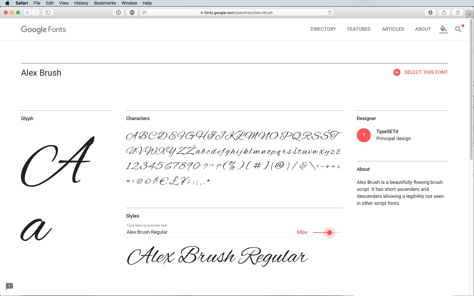 Skärmdump av sidan Google Fonts för Alex Brush, som visar ett kursivt skriptteckensnitt, dess teckenuppsättning, en stilväljare och information om designern och teckensnittet på en vit bakgrund.