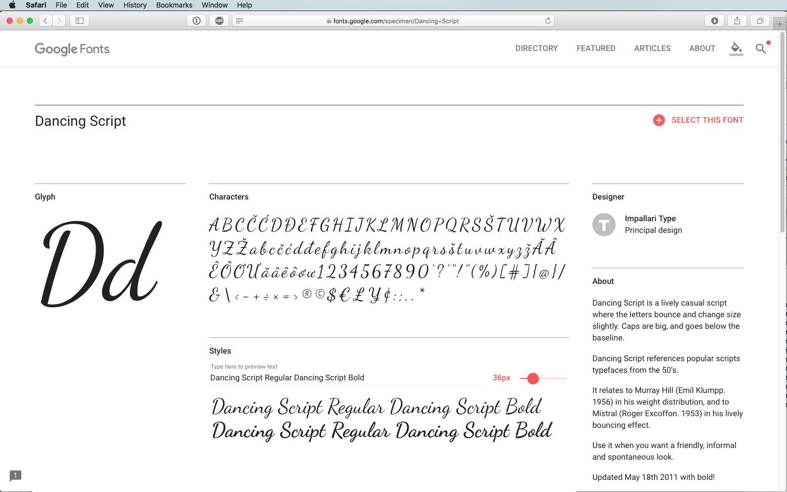 Skärmdump av sidan Google Fonts för Dancing Script-teckensnitt, som visar versaler och gemener, olika stilar och en beskrivning av typsnittet på den högra panelen.