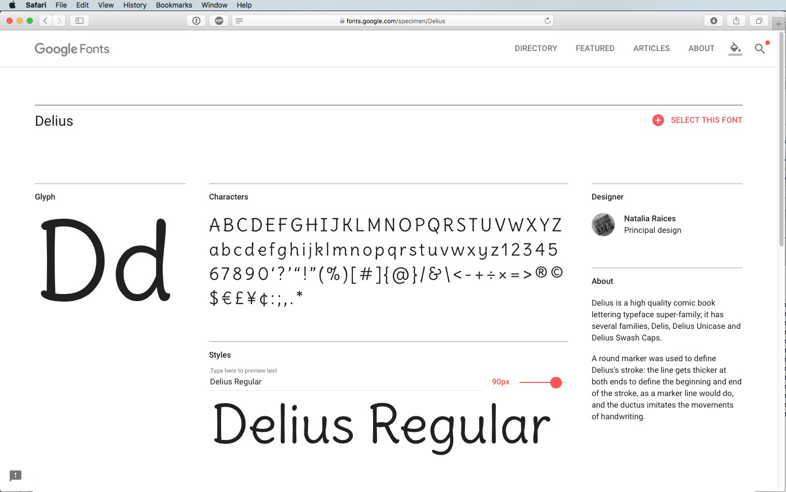 Skärmdump av sidan Google Fonts för Delius-teckensnittet, som visar exempeltext, teckenuppsättning, reglage för teckensnittsstil, teckensnittsbeskrivning, designerinformation och knappen "Välj detta teckensnitt" till höger.