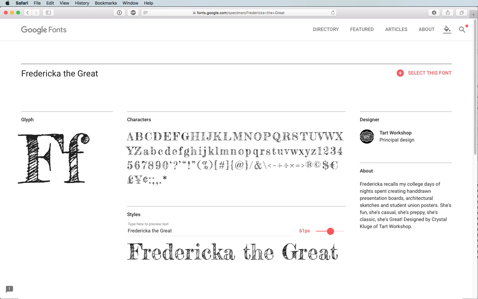Skärmdump av sidan Google Fonts för teckensnittet Fredericka the Great, som visar en stor dekorativ Fi, hela alfabetet, exempeltext, teckensnittsdetaljer och designerinformation till höger.
