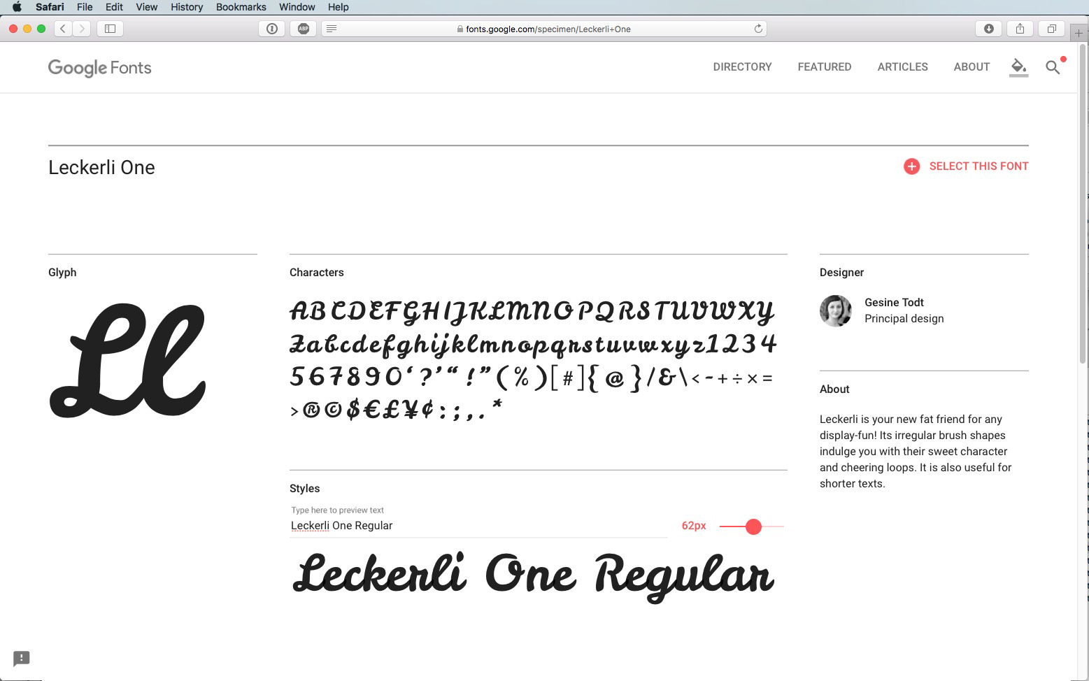 Skärmdump av sidan Google Fonts för Leckerli One-teckensnitt, som visar ett exempel på alfabetet i en handskriven skriptstil, teckensnittsdetaljer, en stilviktsreglage och teckensnittsinformationspanelen till höger.
