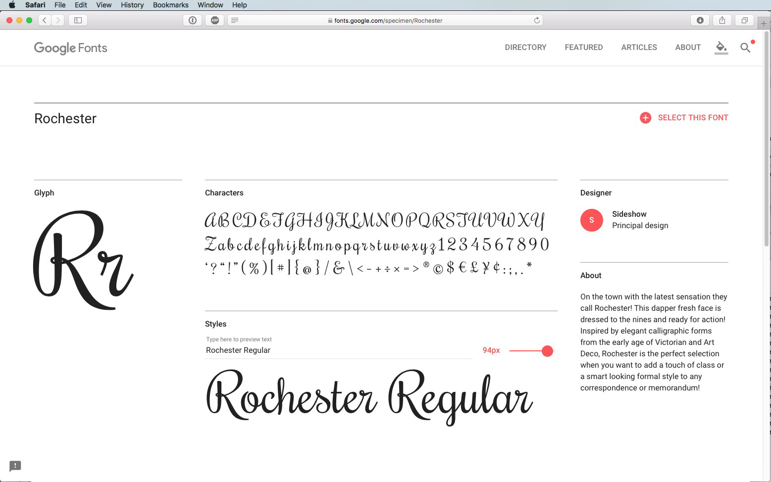 Skärmdump av sidan Google Fonts för Rochester, som visar alfabetet i skriptstil, siffror, ett stort exempel på Rochester Regular och teckensnittsdetaljer inklusive designer och en kort beskrivning.