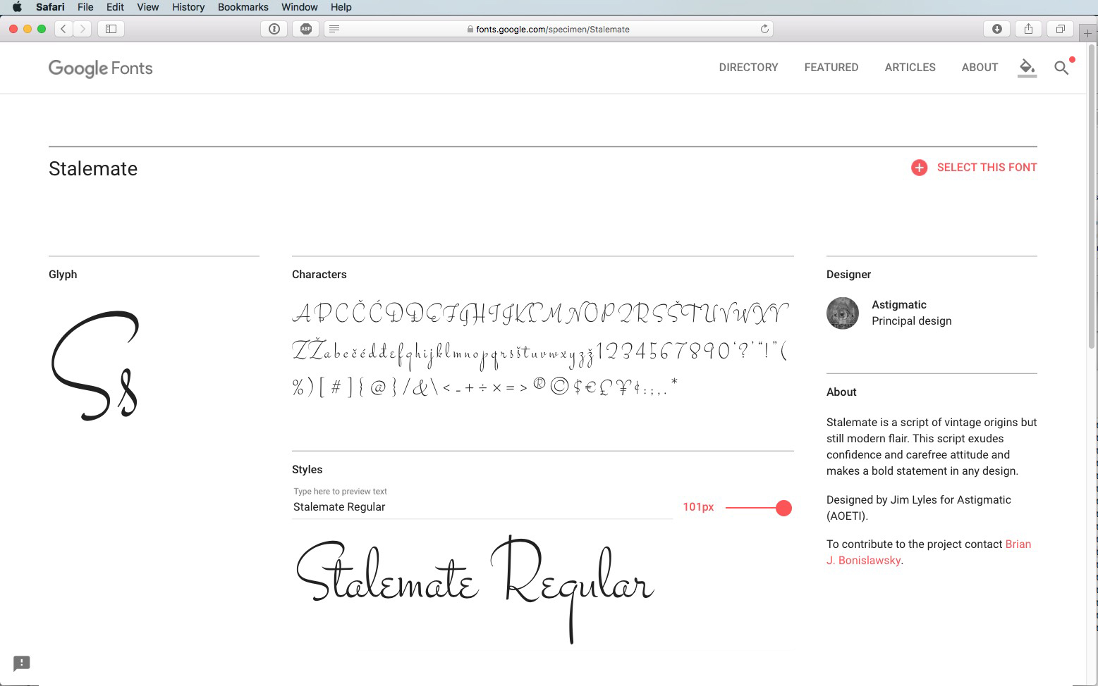 Skärmdump av sidan Google Fonts för typsnittet "Stalemate". Den visar det handskrivna teckensnittets alfabet, stilalternativ, en stor exempeltext och detaljer om designern på en vit bakgrund.