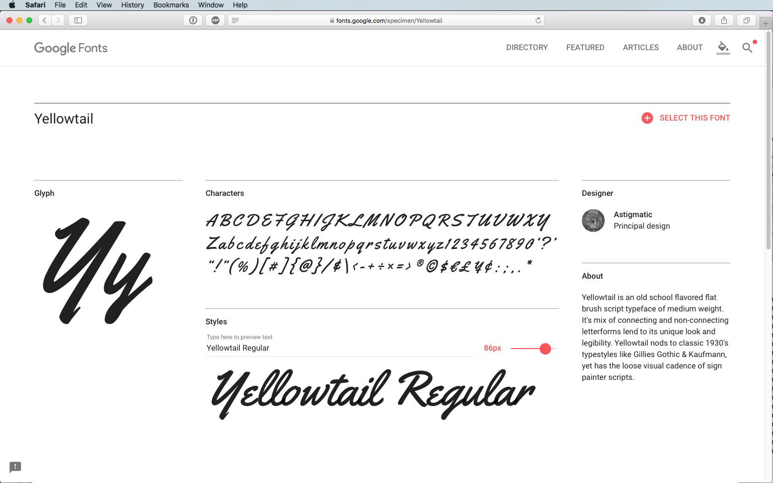 Skärmdump av sidan Google Fonts för Yellowtail-teckensnittet, som visar ett kursivt alfabet, teckensnittsstilsalternativ, en exempeltext Yellowtail Regular och en kort beskrivning av teckensnittet och dess designer.