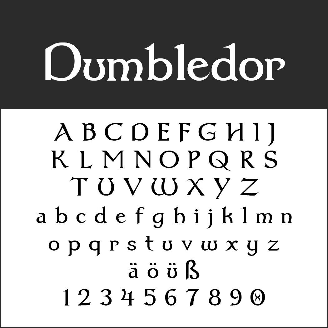 Ett teckensnittsexempel med titeln Dumbledor visar versaler och gemener, specialtecken (ä, ö, ü, ß) och siffrorna 0-9 i en nyckfull, serif-stil på en svartvit bakgrund.