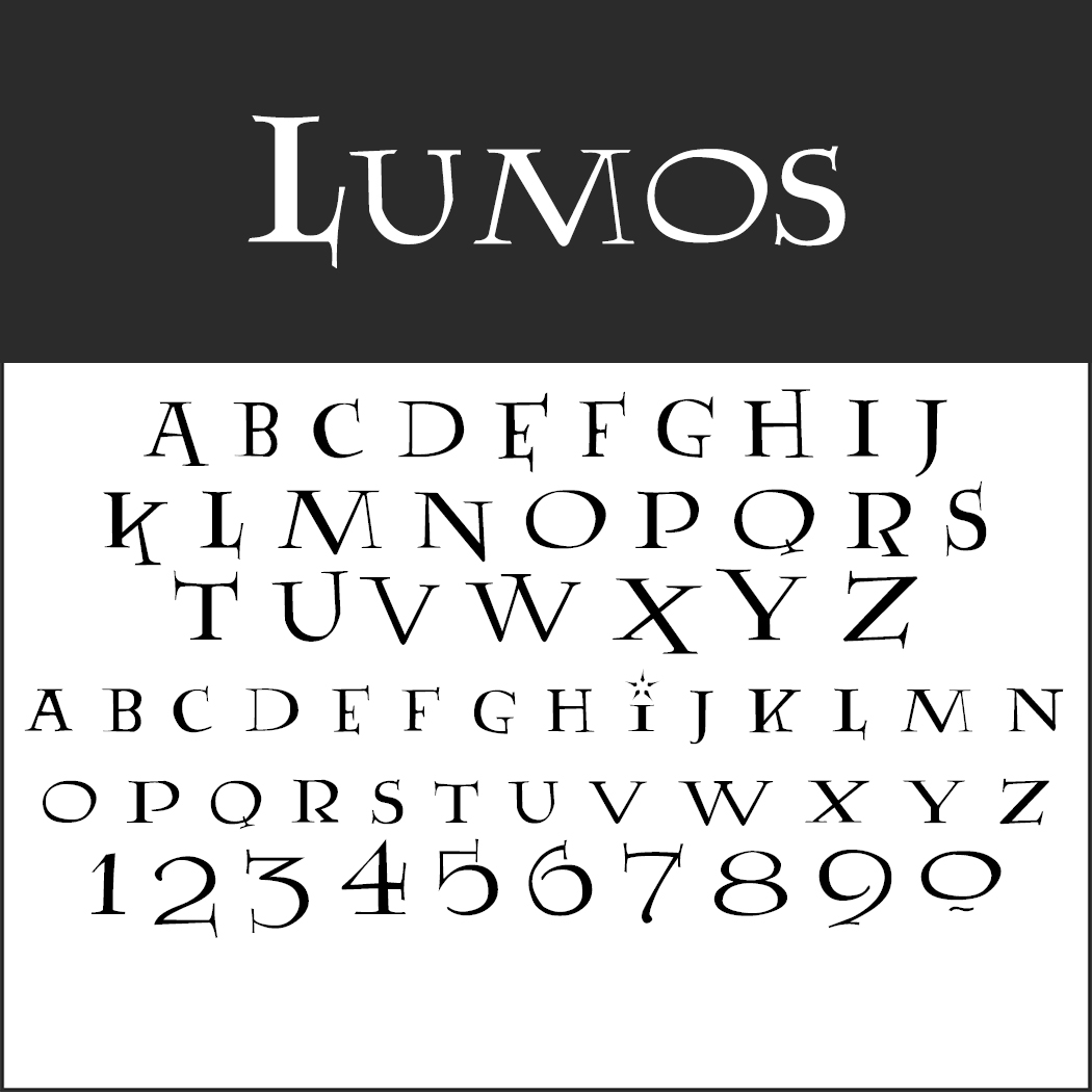En visning av Lumos-teckensnittet visar teckensnittsnamnet överst och visar alla versaler A–Z i två storlekar, tillsammans med siffrorna 0–9, i en dekorativ, Harry Potter-inspirerad stil.
