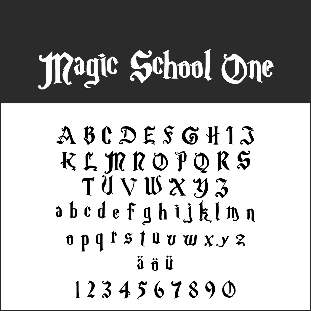 Ett typsnitt i gotisk stil med titeln Magic School One som visas med versaler, gemener, specialtecken och siffror på en vit bakgrund med en svart rubrik.