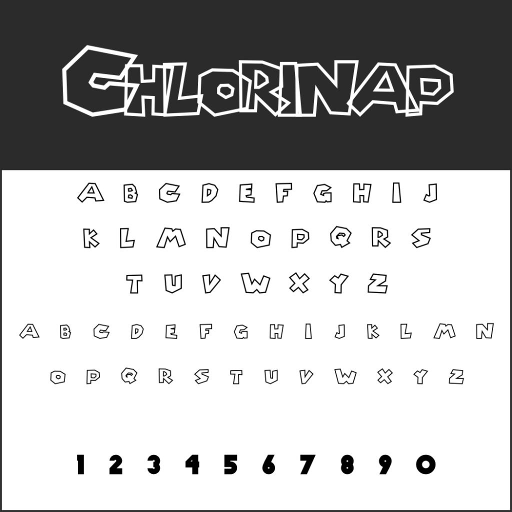 En visning av ett stiliserat typsnitt som heter Chlorinap, inspirerat av Typsnittet Super Mario, som visar versaler A-Z i två storlekar och siffrorna 0-9, med feta, geometriska, kantiga former på en svartvit bakgrund.