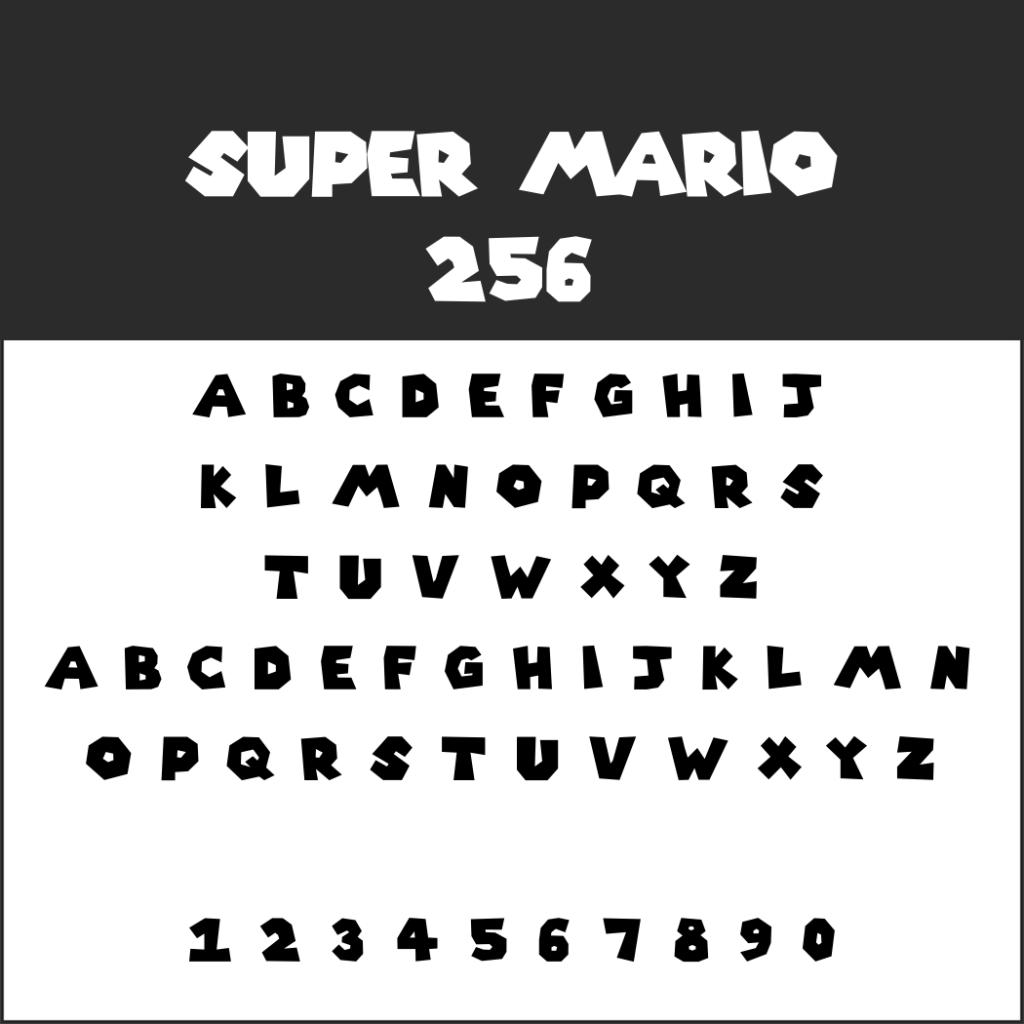 En visning av Typsnittet Super Mario 256 typsnitt med versaler A-Z i två rader och siffrorna 0-9, allt i en fet, lekfull stil på en svartvit bakgrund.