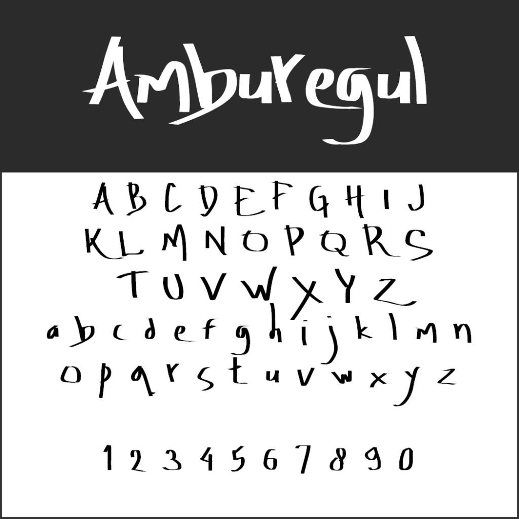 Handskrivet teckensnittsprov på en vit bakgrund märkt Amburegul, med stora och små engelska bokstäver och siffror 0–9 i en avslappnad, lekfull Kalligraphie Schrift-stil.