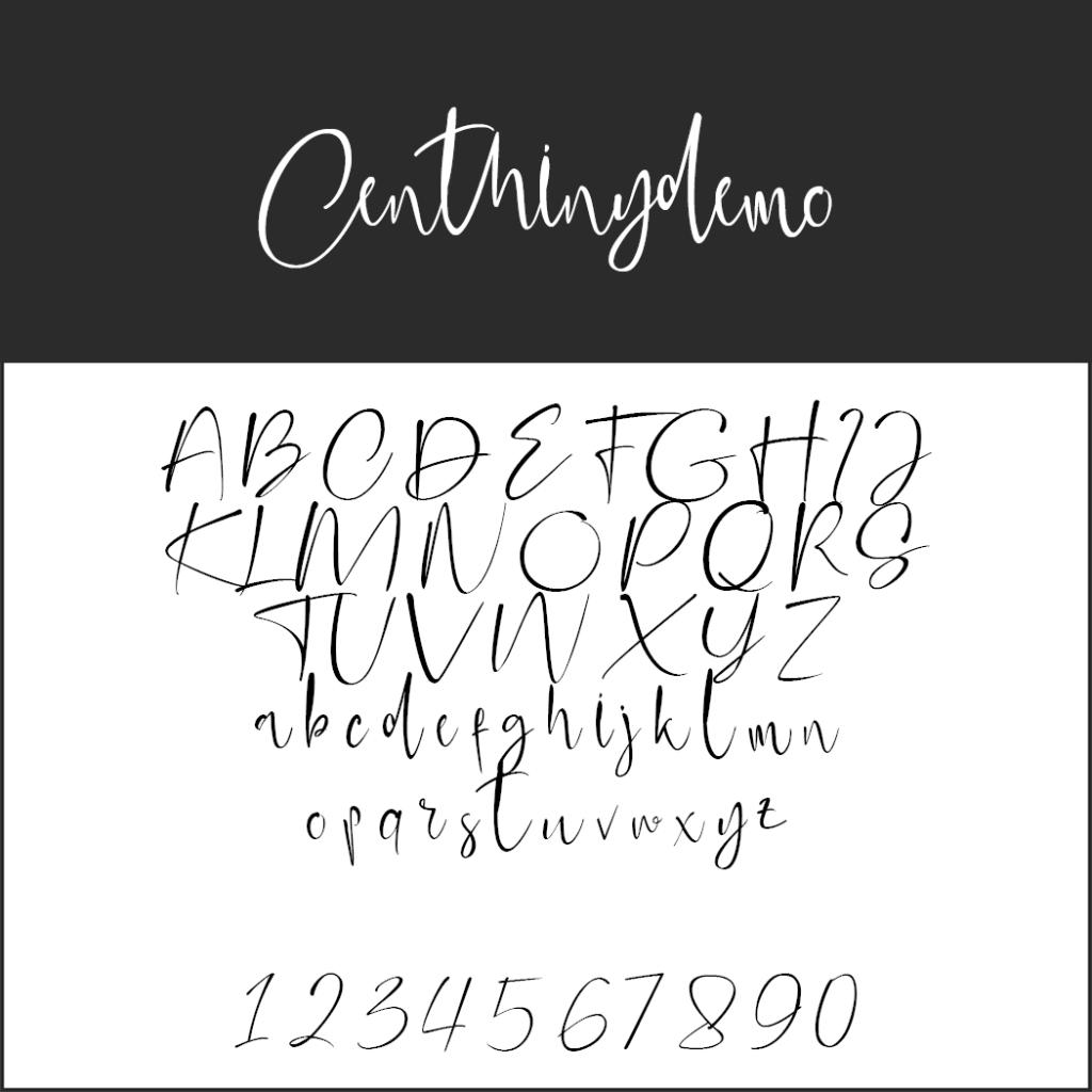 Ett handskrivet teckensnittsexempel visar Centhinydemo i stor kursiv överst, följt av versaler och gemener och siffrorna 0-9 i samma eleganta Kalligraphie Schrift, allt på en vit bakgrund.