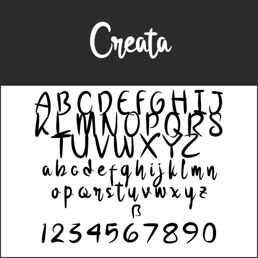 En visningsbild av Creata-fonten, en lekfull Kalligraphie Schrift, som visar versaler och gemener, siffrorna 0–9 och tyska ß i en handskriven stil på en svartvit bakgrund.