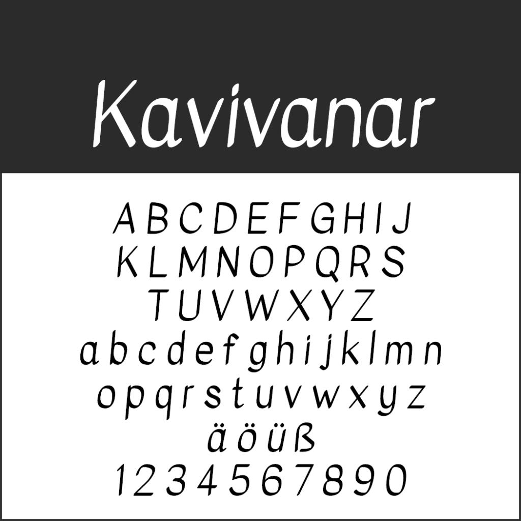 Ett exempel på typsnittet Kavivanar Kalligraphie Schrift som visar versaler och gemener, specialtecken (ä, ö, ü, ß) och siffrorna 0-9, allt i en handskriven, lutande stil på en vit bakgrund.