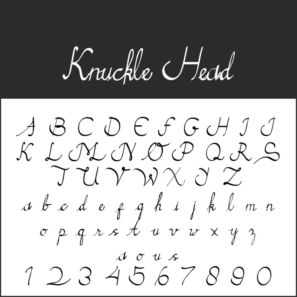Ett exempel på skrifttypsnittet Knuckle Head, inspirerat av Kalligraphie Schrift, som visar versaler och gemener på engelska, tillsammans med siffrorna 0–9, i en kursiv, dekorativ stil på en vit bakgrund.