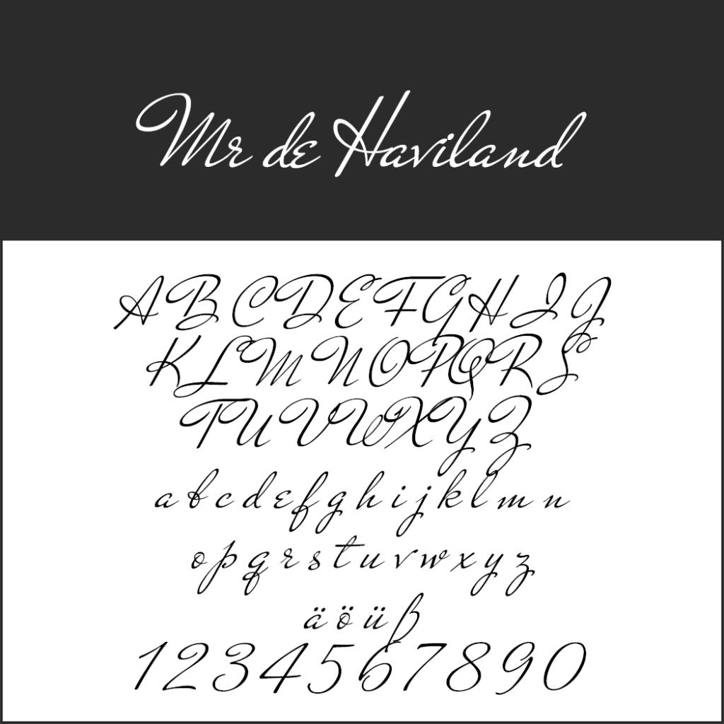 En exempelbild av typsnittet Mr de Haviland Kalligraphie Schrift, som visar eleganta, flytande versaler och gemener, siffrorna 0–9 och specialtecknen ä, ö, ü, ß på en vit bakgrund.