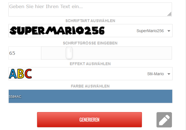 Ett teckensnittsgeneratorverktyg med Typsnittet Super Mario med inmatningsfält för text, teckenstorlek (65), effekt (Stil-Mario) och färg (#5584AC), plus en stor röd Generieren-knapp längst ner.