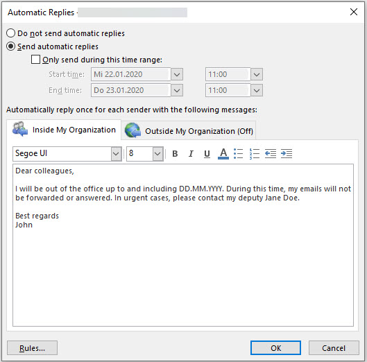 Skärmdump av inställningarna för Automatiska svar i Microsoft Outlook, som visar en meddelandemall för ett frånvaronsvar där frånvaron antecknas, inklusive datumintervall, meddelandetext och formateringsalternativ för e-post.