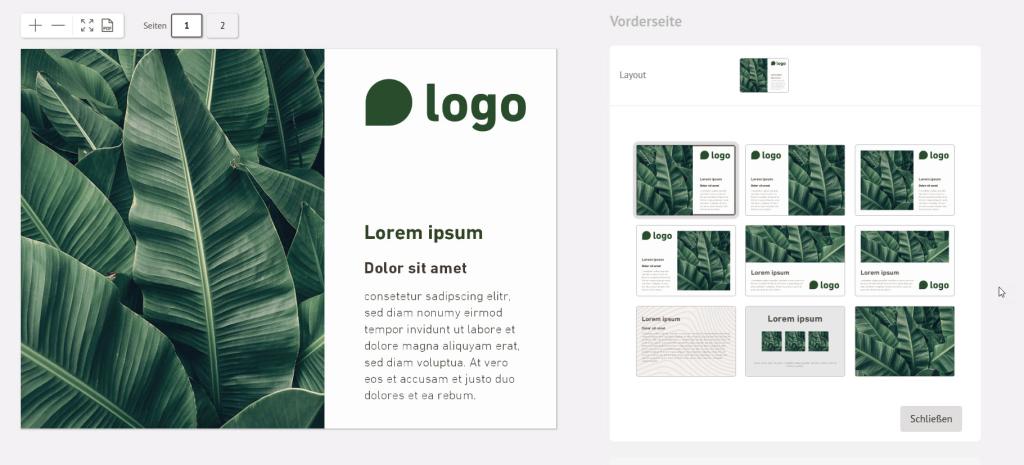 En presentationsmall med stora gröna tropiska löv till vänster, en grön logotyp och platshållartext centrerad, inspirerad av mallar för vykort. En panel för val av layout till höger visar olika snygga bilddesigner.