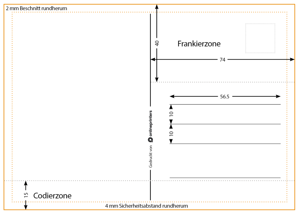 Diagram över en vykortslayout på tyska, liknande Mallar för vykort, som visar angivna områden för porto (Frankierzone), adress och kodningszon, med mått i millimeter och säkerhetsmarginaler angivna runt kanterna.