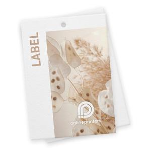En rektangulär produktetikett med en mjuk beige botanisk design, ordet LABEL skrivet vertikalt på vänster sida och onlineprinters logotyp längst ner i mitten.