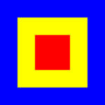 En liten röd fyrkant är centrerad inuti en större gul fyrkant, som är centrerad inuti en ännu större blå fyrkant, vilket skapar en skiktad, geometrisk design.