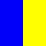 En vertikalt delad flagga med den vänstra halvan i helblått och den högra halvan i helgult.