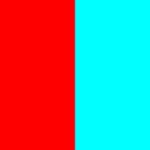 En bild delas vertikalt på mitten; den vänstra sidan är fast röd och den högra sidan är enfärgad cyan.